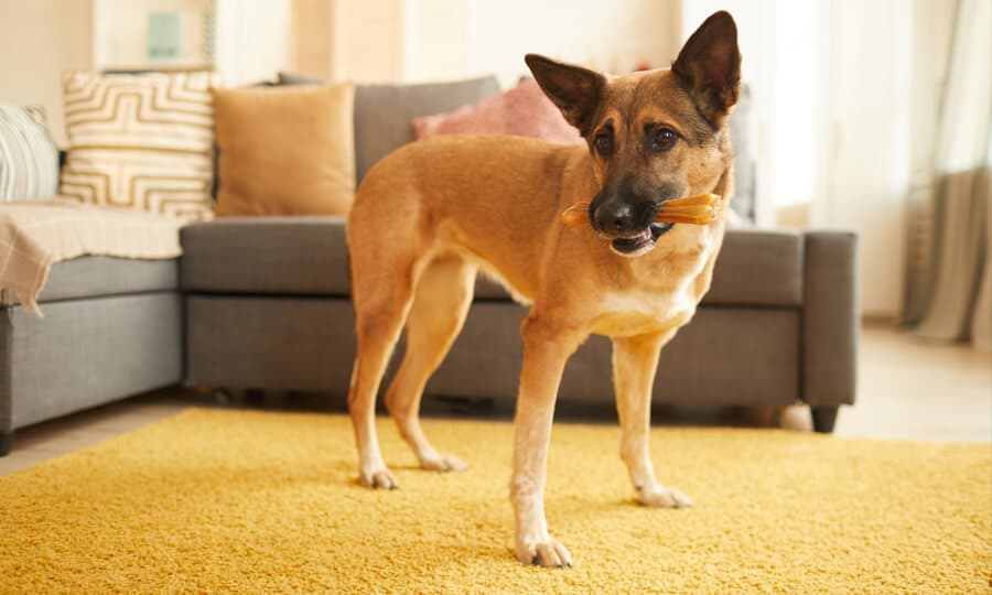 cachorro caramelo em uma sala com um pedço de carne na boca