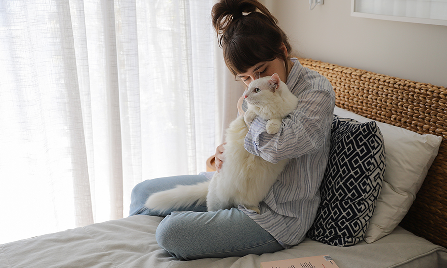 Tutora segurando o gato enquanto está sentada na cama.