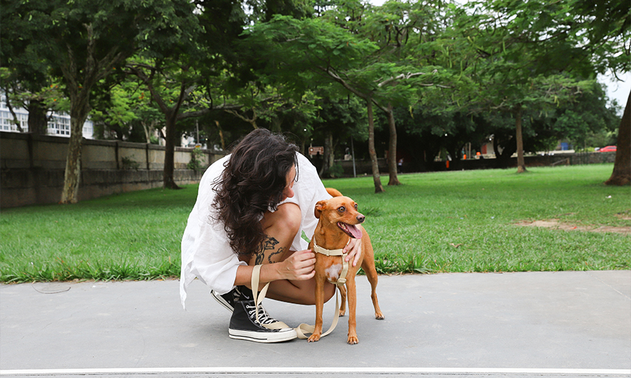 Cachorro SRD ao lado da tutora, agachada próximo a ele.