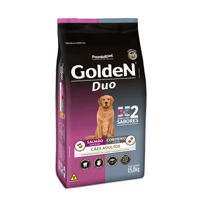 Ração Golden Duo para Cães Adultos Sabor Salmão com Ervas e Cordeiro com Arroz - 15kg 
