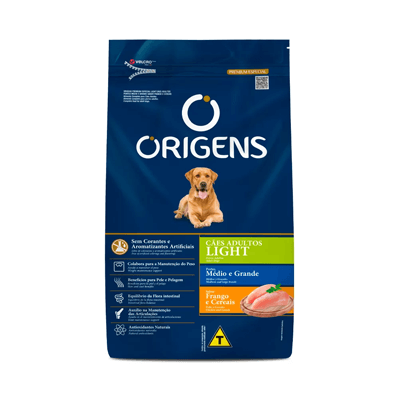 Ração Origens Light para Cães Adultos de Porte Médio e Grande Sabor Frango e Cereais