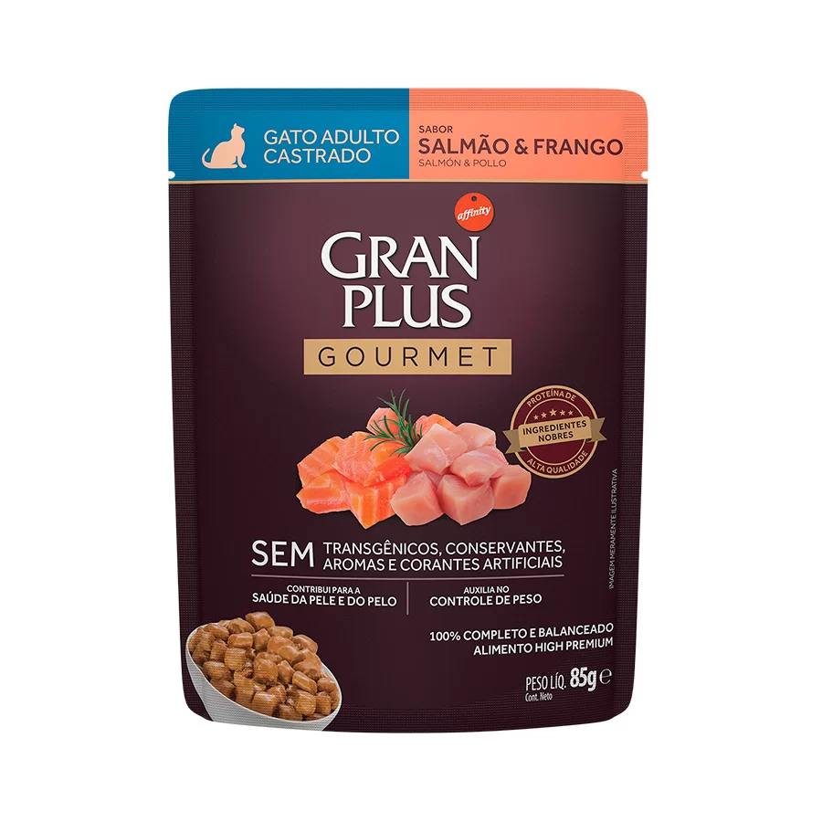 Ração Úmida GranPlus Gourmet Sachê para Gatos Castrados Sabor Salmão e Frango - 85g